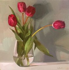 a painting of red tulips in a vase