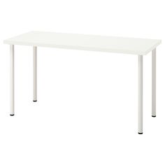 a white rectangular table with black legs on a white background, viewed from the front