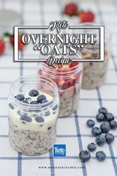 overnight oats recipe with blueberries and strawberries in mason jars on a checkered tablecloth