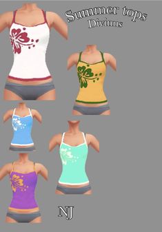 four women's swimsuits in different colors and sizes, with the words summer tops