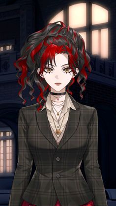 an anime character with red hair wearing a suit