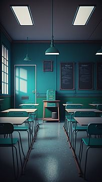 an empty classroom with desks and chairs in front of the chalkboard on the wall