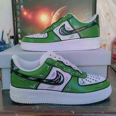 Custom Air Force 1 Catoons Dark Green-shecustomize Air Force 1 Cartoon, Custom Sneakers Diy, Custom Af1, Painted Sneakers, Air Force 1 Custom, Unique Sneakers, Custom Air Force 1, Leather Paint, Custom Football