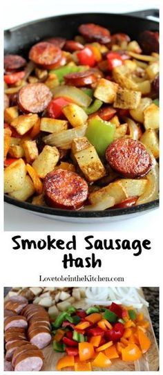 two pictures with different types of food in them and the words smoked sausage hash browns