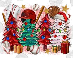 a christmas tree with baseballs, gloves and gifts