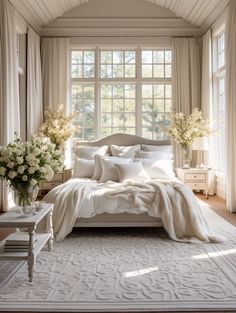 a white bed sitting in a bedroom next to two vases with flowers on them