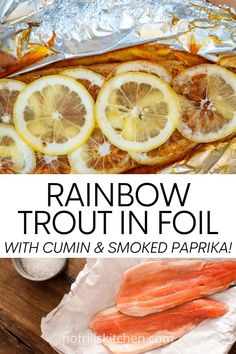 rainbow trout in foil with cumin and smoked paprika on the side, along with lemon slices