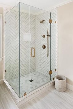 a bathroom with a glass shower and white walls