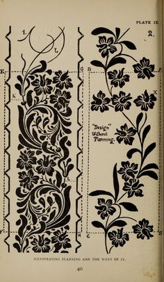 an old book with black and white designs on the pages, including floral vines and leaves