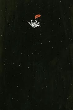 an astronaut floating in the sky with a red frisbee above his head and stars around him