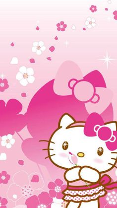 the hello kitty wallpaper is pink and has white flowers on it, as well as an image of a teddy bear