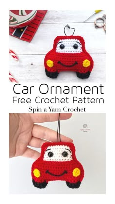 a crocheted car ornament is shown with the text, free crochet pattern spin a yarn crochet