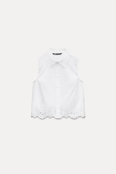 EMBROIDERED EYELET CROPPED SHIRT - White | ZARA United States Summer Top With Floral Embroidery And Spread Collar, Summer Floral Embroidered Top With Spread Collar, Summer Top With Collar And Placket, White Top With Embellished Collar For Work, Embroidered Collared Tops For Work, White Tops With Detachable Collar For Workwear, White Top With Detachable Collar For Workwear, White Top With Detachable Collar For Work, Chic White Top With Embellished Collar