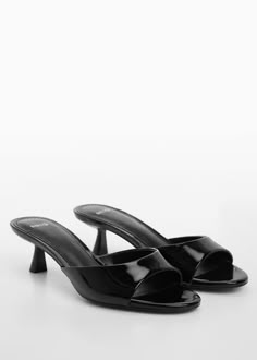 Patent leather effect heeled sandal - Women | Mango USA Mango Heels, Black Kitten Heels, Kitten Heel Sandals, Cute Heels, Girly Shoes, Slingback Shoes, Aesthetic Shoes, Heeled Sandal, Black Sandals Heels