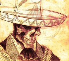 a drawing of a skeleton wearing a sombrero