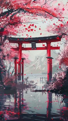 a painting of a red gate in the middle of water with trees and mountains behind it