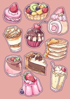 various desserts and pastries on a pink background