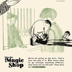 an advertisement for the magic shop featuring a man sitting at a table and another person standing in front of him