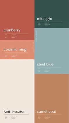 four different color palettes with the words, cranberry, caramel, and steel