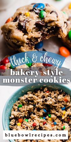 a cookie with m & m cookies in it and the title above reads, chuck's chewy bakery style monster cookies