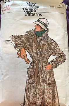 Vogue Vintage Pattern Wrap Coat 8699 34” B Used Complete. Condition is Used. Shipped with USPS First Class Package.Classy wrap coat pattern. It is used and complete. The tissue has some tears that make it more fragile. The envelope is in poor condition. Wrap Coat Pattern, 70s Winter, 70s Patterns, Dresses To Sew