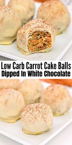 low carb carrot cake balls are stuffed in white chocolate and sprinkled with powdered sugar