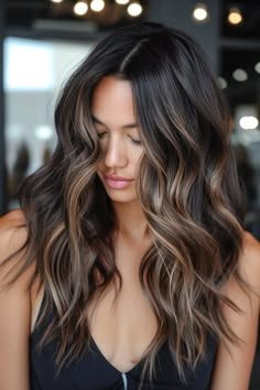 Hair For Dark Brunettes, Money Piece Balayage Brunette Dark, Not Blonde Balayage, Dark To Brown Balayage, Mocha Brown Hair With Honey Highlights, Dark Dimensional Hair With Money Piece, Natural Beige Hair Color, Dark Brunette With Platinum Highlights, Side Part Balayage Brunettes