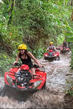 three people on four wheelers in the water with trees and bushes behind them,