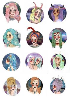 six different colored images of women with horns on their heads and hair, all in circular frames