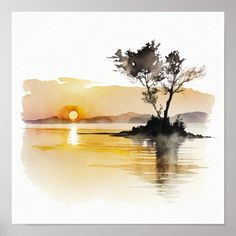 a watercolor painting of a tree on an island