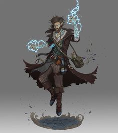 the character is dressed in an old fashion outfit and holding a lightening wand with his right hand