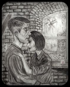 a drawing of a man and woman kissing in front of a brick wall