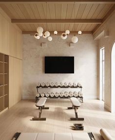 Home Gym Luxury Design, Beautiful Home Gym, Japandi Gym, At Home Yoga Studio, High End Gym, Gym Room Design, Home Gym Design Luxury, Basement Home Gym