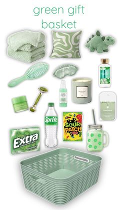 the green gift basket is filled with items for someone to put in their home or office