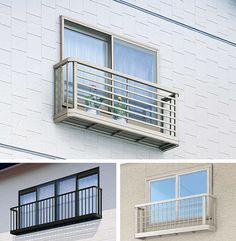 three pictures of different windows and balconies on the side of a white building