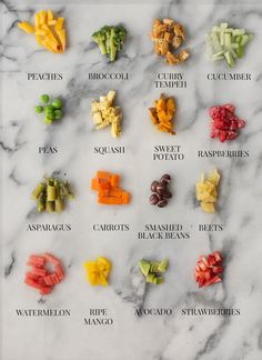 different types of cut up vegetables on a marble surface