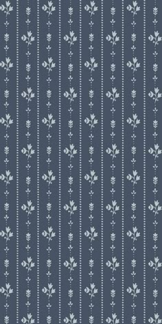 a blue and white striped wallpaper with small flowers on the bottom half of it