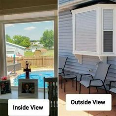 before and after shots of an outside view of a pool, with chairs in the foreground