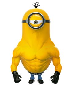 a yellow minion sitting in front of a bench with a barbell on it