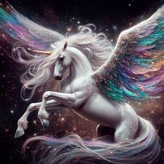 a white unicorn with wings flying through the air in front of a star filled sky