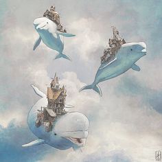 three dolphins are flying in the sky above a castle