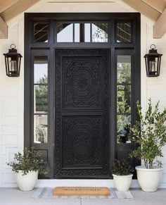 a black front door with two potted plants