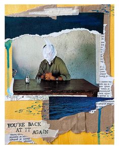 altered photograph of man sitting at table with paper collaged on it's sides