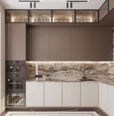 a modern kitchen with marble counter tops and white cabinetry, along with glass shelves on the wall