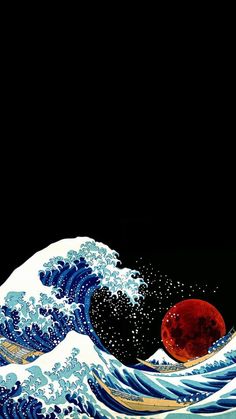 an image of the great wave with red moon in the sky and black back ground