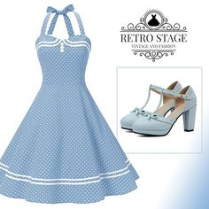 Blue 1950s Polka Dot Halter Swing Dress – Retro Stage - Chic Vintage Dresses and Accessories Blue Polka Dot Dress Vintage, Retro Stage Outfits, Retro Dress 70s, Polka Dot Dress Vintage, Retro Stage, Pageant Outfits, Vestidos Retro, 50s Rockabilly, Blue Polka Dot Dress