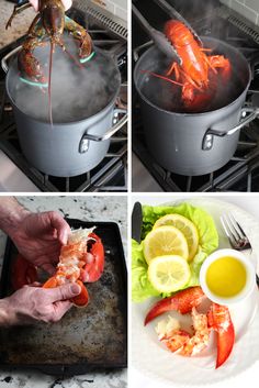 there are pictures of lobsters being cooked on the stove and in the pan with lemon wedges