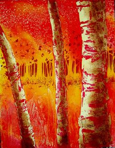 an abstract painting of three trees with red and yellow leaves in the foreground, against a dark orange background