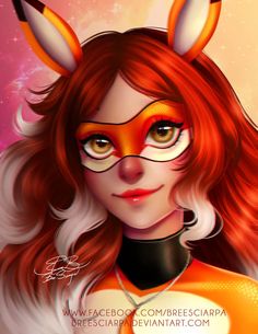 a digital painting of a woman with bunny ears and orange hair, wearing an orange outfit