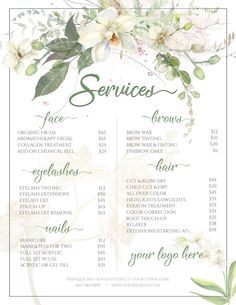 a menu with white flowers and greenery on the front, in green lettering that reads services